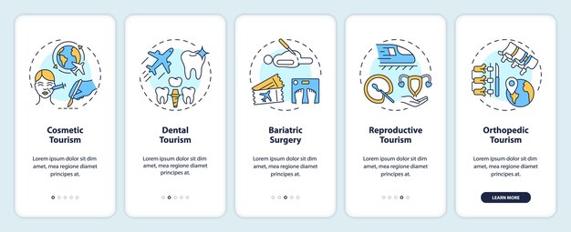Iconos 2D que representan la pantalla de la aplicación móvil de turismo médico Instrucciones gráficas multicolores en 5 pasos con iconos de líneas delgadas concepto de plantilla de UI UX GUI