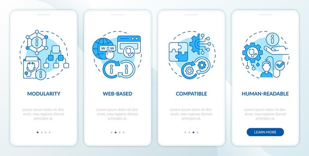 Iconos 2d que representan los recursos de interoperabilidad de la salud conjunto de pantalla de la aplicación móvil instrucciones gráficas azules en 4 pasos con iconos de línea delgada concepto de plantilla de interfaz de usuario ux gui