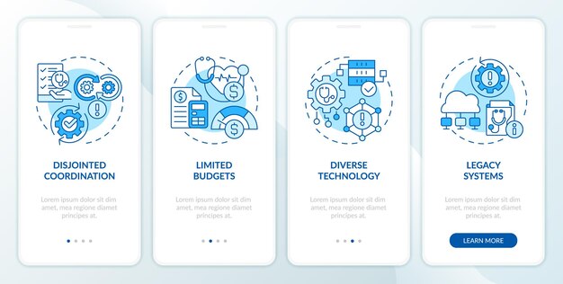 Iconos 2d que representan los recursos de interoperabilidad de la salud conjunto de pantalla de la aplicación móvil instrucciones gráficas azules en 4 pasos con iconos lineales concepto de plantilla de interfaz de usuario ux gui