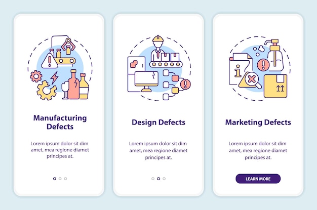 Iconos 2D que representan la responsabilidad del producto conjunto de pantalla de la aplicación móvil Instrucciones gráficas multicolores en 3 pasos con iconos de línea delgada concepto de plantilla de UI UX GUI