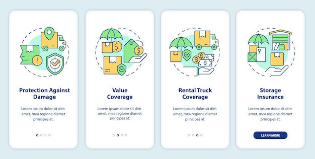 Iconos 2D que representan el servicio en movimiento conjunto de pantalla de la aplicación móvil Paso a paso 4 pasos coloridas instrucciones gráficas con iconos de línea concepto de interfaz de usuario plantilla UX GUI