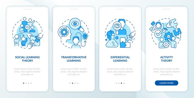 Iconos 2D que representan teorías de aprendizaje conjunto de pantallas de aplicaciones móviles Instrucciones gráficas azules en 4 pasos con iconos lineales concepto de interfaz de usuario plantilla UX GUI