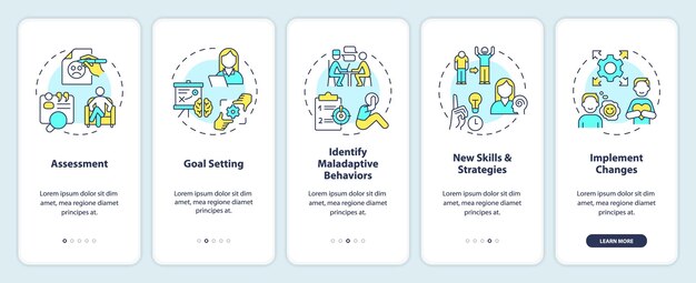 Iconos 2D que representan la terapia conductual pantalla de la aplicación móvil conjunto de instrucciones gráficas multicolores de 5 pasos con iconos de líneas delgadas concepto de plantilla de UI UX GUI