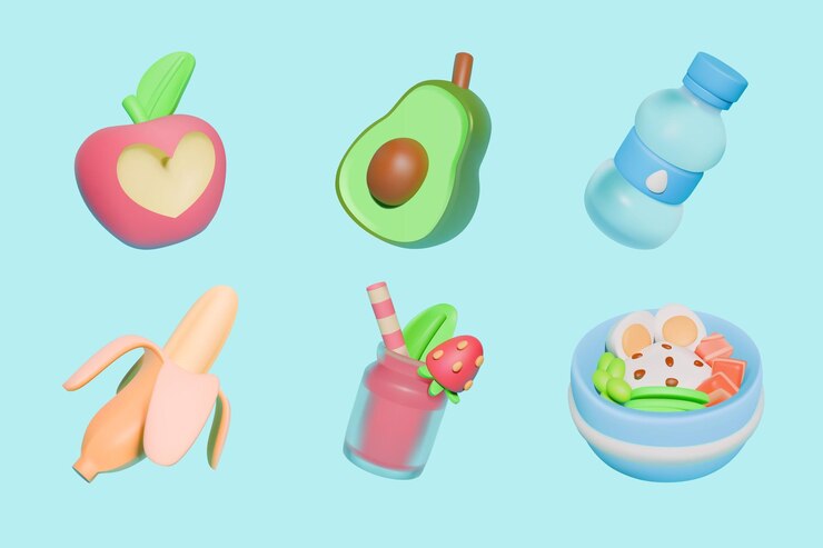 Vector iconos 3d de alimentos y bebidas saludables