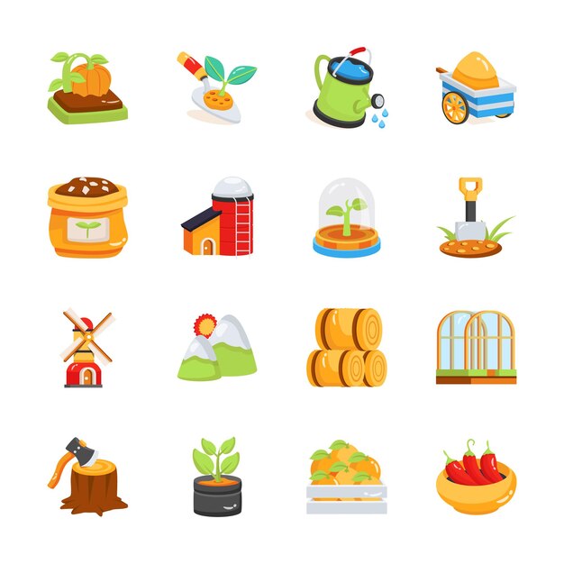 Iconos 3D creativamente diseñados que muestran conceptos de agricultura y jardinería