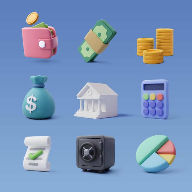 Iconos 3D de dibujos animados de finanzas y banca