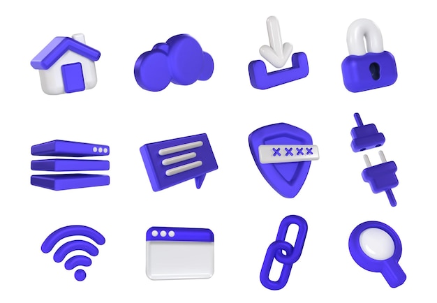 Iconos 3D de Internet Navegador web y seguridad de red Servidor en la nube Conexión inalámbrica y conjunto de ilustraciones vectoriales de comunicación en línea