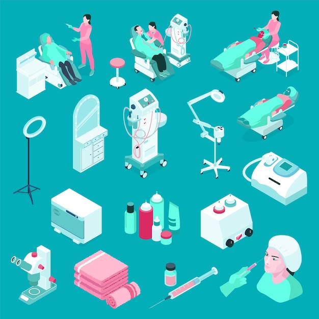 Vector iconos 3d isométricos de cosmetología establecidos con personajes de equipo de muebles de cosmetólogo y cliente aislado en la ilustración de vector de fondo de color