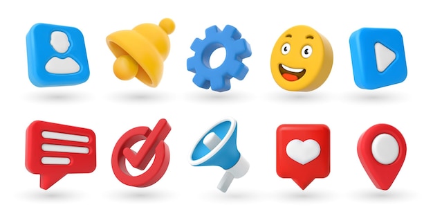 Iconos 3D de marketing Marca de verificación de pin de ubicación emoji de sonrisa amarilla y campana de notificación Contactos y configuraciones megáfono y conjunto de vectores de botones de reproducción de video