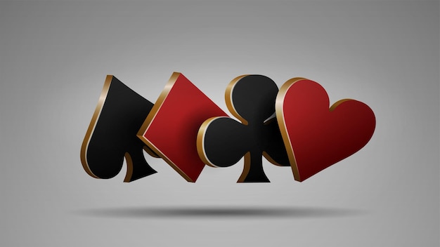 Vector iconos 3d de trajes en oro rojo y negro en cartas de póquer corazones diamantes picas y cruces un concepto para un casino