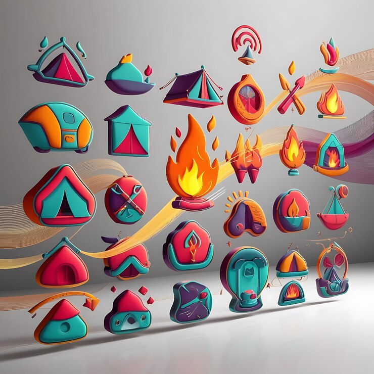 Iconos 3D vibrantes para el campamento al aire libre