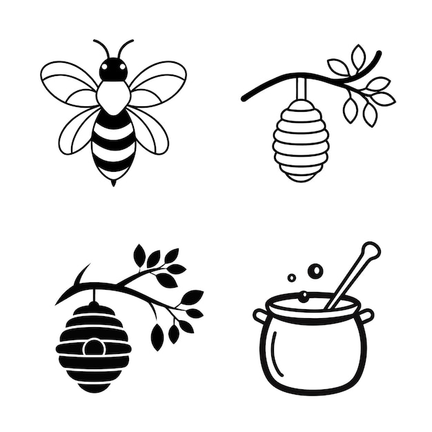 Iconos de abejas y miel Conjunto de ilustraciones vectoriales minimalistas