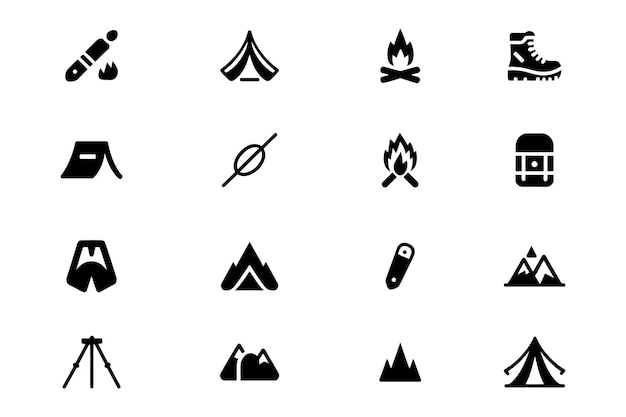 Iconos de acampada y aventura al aire libre diseño en blanco y negro