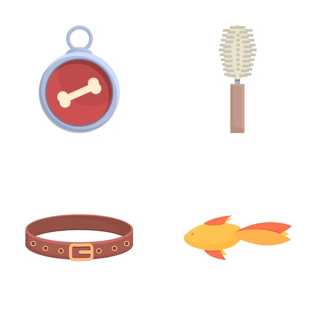Iconos de accesorios para animales conjuntos de vectores de dibujos animados Equipo de cuidado de animales domésticos
