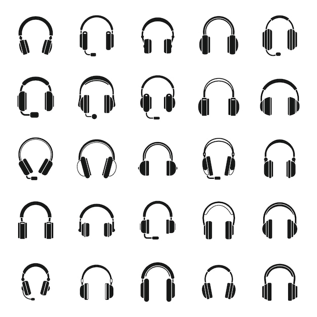 Los iconos de accesorios de auriculares establecen vector simple. auriculares con cable de audio. comunicación de llamada