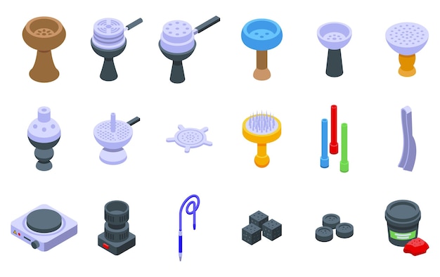 Los iconos de los accesorios de la cachimba establecen el menú de humo del vector isométrico