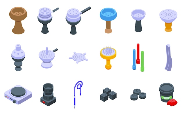 Vector los iconos de los accesorios de la cachimba establecen el menú de humo del vector isométrico