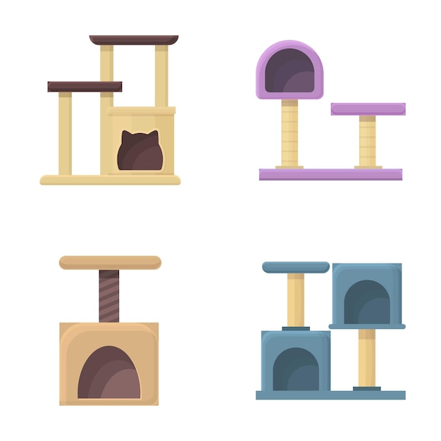 Iconos de accesorios para mascotas conjuntos de vectores de dibujos animados Punto de rascado y casa de gatos