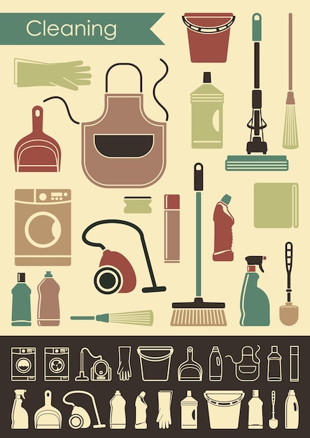 Iconos de accesorios y medios para la limpieza.