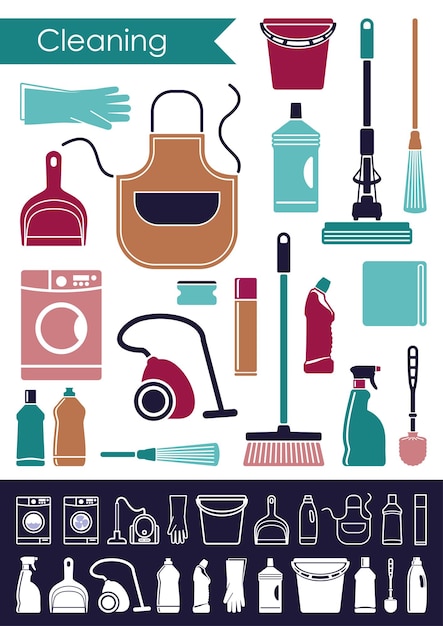 Iconos de accesorios y medios para la limpieza.