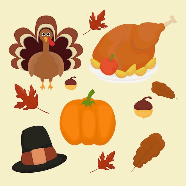 Iconos de Acción de Gracias conjunto de elementos de otoño con pavo asado dibujos animados calabaza comida sombrero peregrino Happ