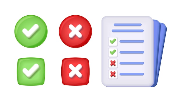 Iconos de aceptación y rechazo 3D Lista de comprobación de marcas de comprobación y cruce de papel Símbolos correctos e incorrectos