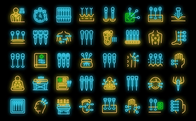 Los iconos de acupuntura establecen el vector de contorno Cuerpo meridiano Punto vivo color neón en negro