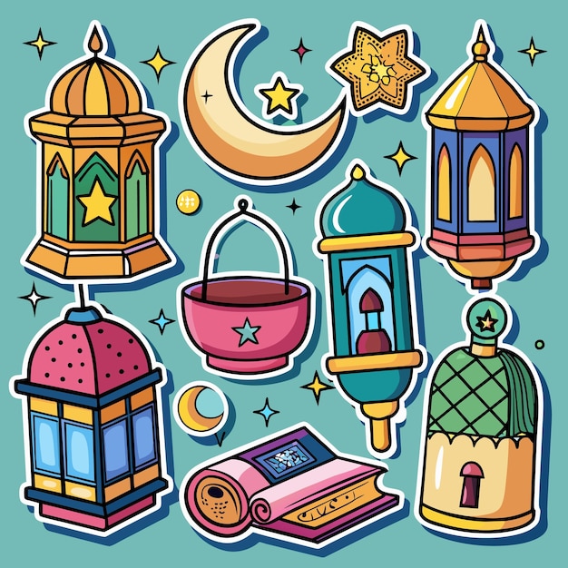 Iconos adhesivos de ramadán vector de coloreo dibujado a mano
