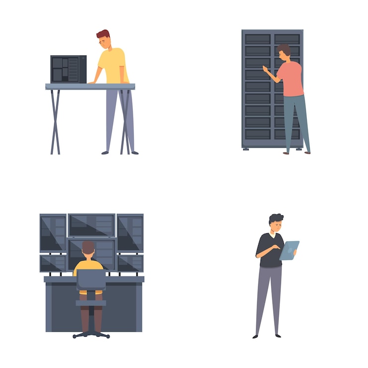 Vector los iconos de administración del sistema establecen el vector de dibujos animados hombre ajustando la conexión a la red