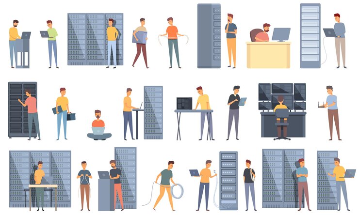Vector los iconos del administrador del sistema establecen el vector de dibujos animados. servidor de mantenimiento
