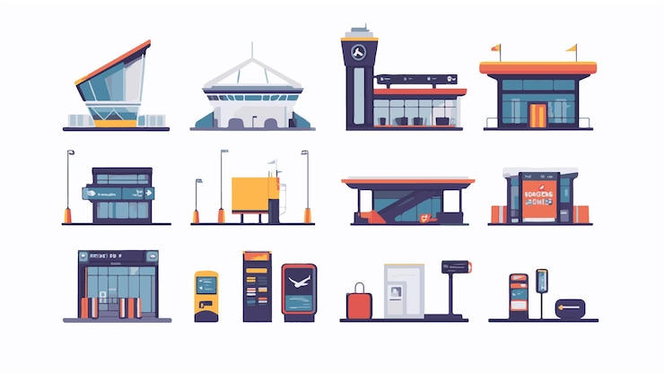 Vector iconos de aeropuerto planos con comprobación de equipaje ilustración vectorial de control de seguridad del avión