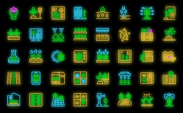 Los iconos de agricultura de precisión establecen el vector de contorno Granja inteligente Futuro digital color neón en negro
