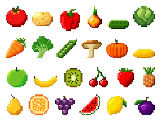 Iconos aislados de comida de arte de píxeles retro con frutas y verduras de píxeles de 8 bits Elementos de vector de arcade de computadora de activos de juego de consola de 8 bits antiguos con bayas verduras de granja de hongos y frutas exóticas