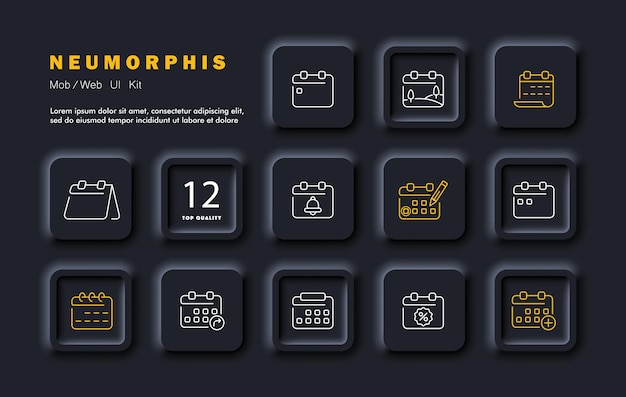 Iconos de ajuste de calendario Programas favoritos vacaciones vacío reuniones configuraciones de eliminación agregar nuevos eventos recordatorios resaltando eventos concepto de horario estilo de neomorfismo icono de línea vectorial