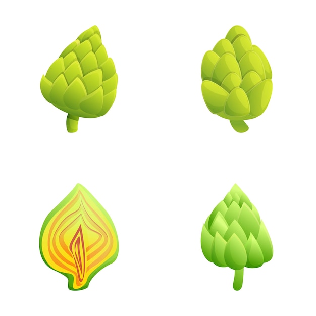 Iconos de alcachofa fresca en conjunto de vectores de dibujos animados Alcachofa entera y cortada por la mitad
