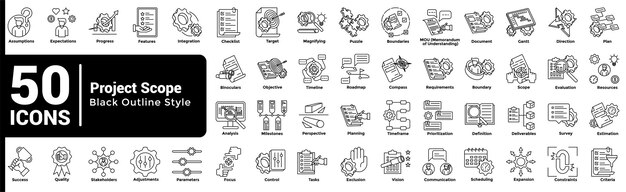 Iconos de alcance del proyecto Estilo de contorno negro