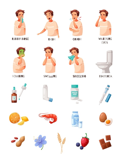 Iconos de alergia conjunto masculino con síntomas símbolos dibujos animados ilustración vectorial aislada