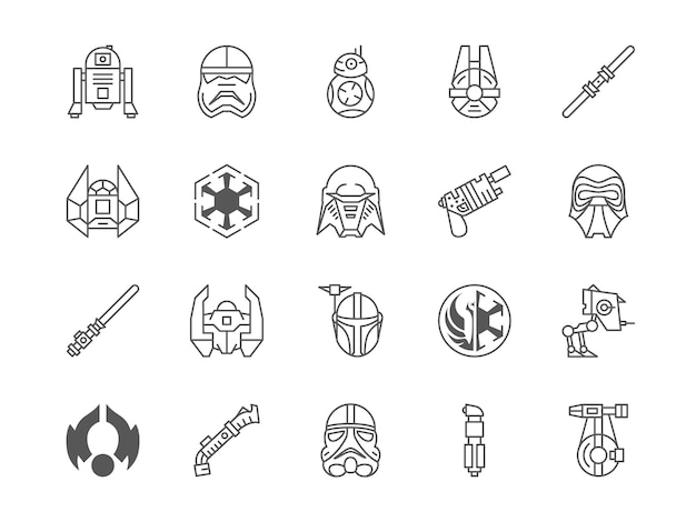 Iconos de la alianza estelar Guerras rebeldes Jedi espacial de asteroides glifos y nave espacial máscara de calavera Tierra y luna Símbolos de líneas cósmicas luces sable señales de películas pictogramas planos vectoriales