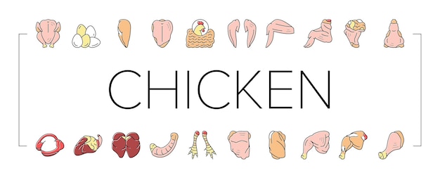 Iconos de alimentos de carne cruda de la granja de animales de pollo