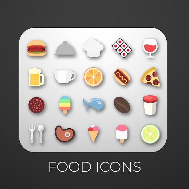 Iconos de alimentos Conjunto de ingredientes frescos Frutas verduras Carne pescado lácteos comida rápida cocina