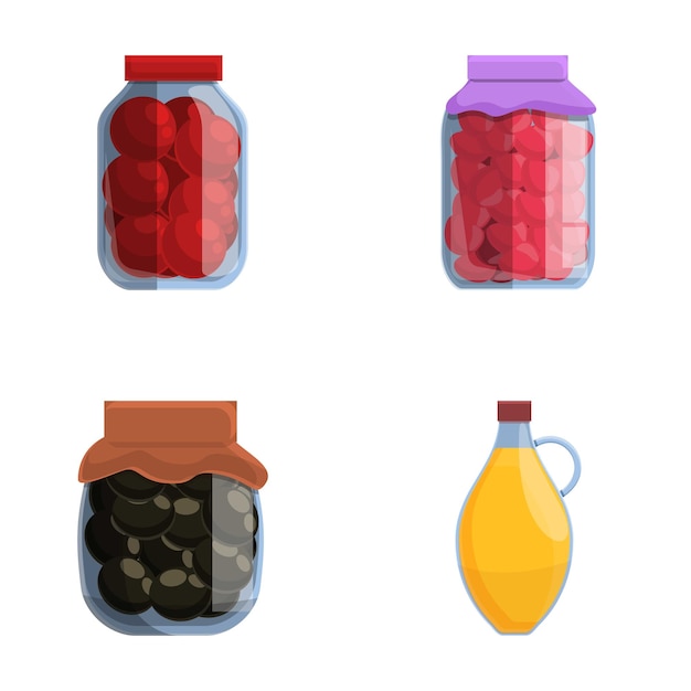 Iconos de alimentos enlatados en conjunto vector de dibujos animados frasco de vidrio con varios productos conservados