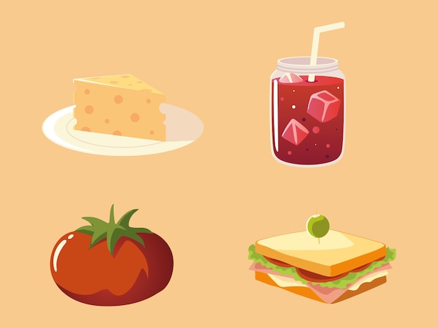 Iconos de alimentos establecen sándwich de jugo de tomate y queso ilustración