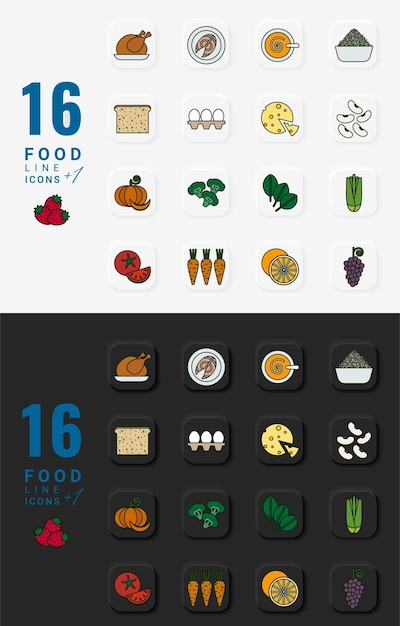 Vector iconos de alimentos negros con alimentos