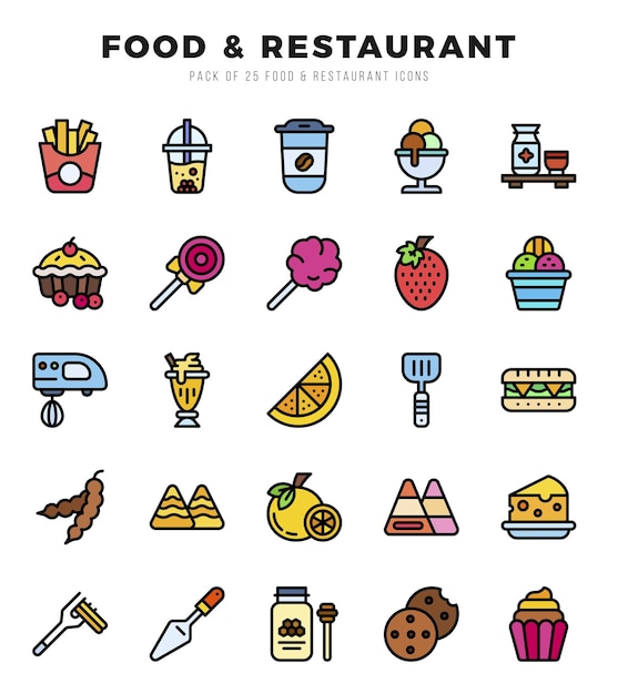 Iconos de alimentos y restaurantes Conjunto de iconos de colores lineales de paquete Colección de productos alimenticios y restaurantes