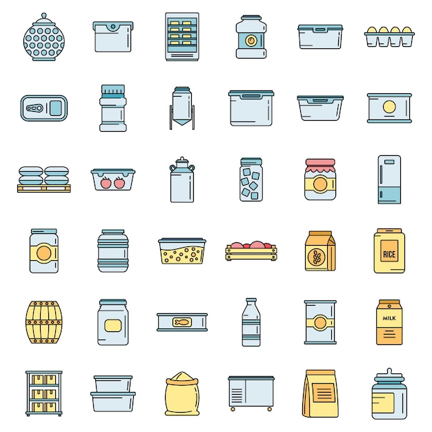 Los iconos de almacenamiento de alimentos en el hogar establecen la línea de color vectorial