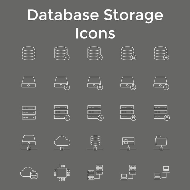 Iconos de almacenamiento de bases de datos Servidor de datos y computación en la nube Colección de arte vectorial
