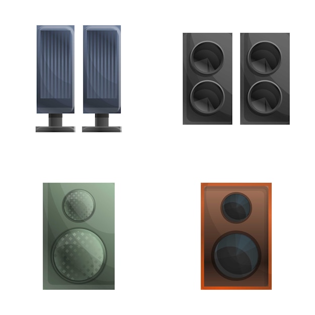 Los iconos de los altavoces acústicos establecen el vector de dibujos animados Sistema de audio acústico Dispositivo de reproducción de sonido