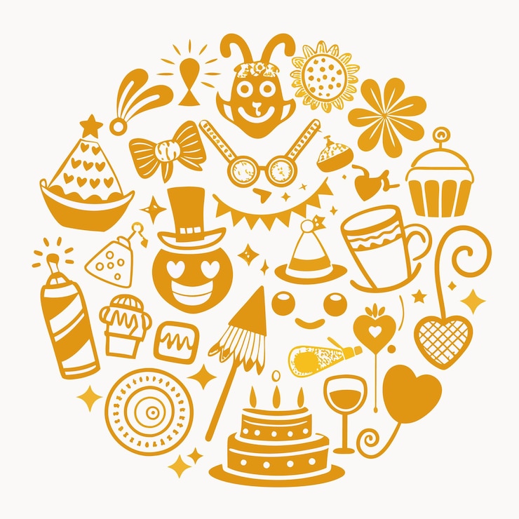 Vector iconos amarillos de fiestas dibujados a mano en un círculo