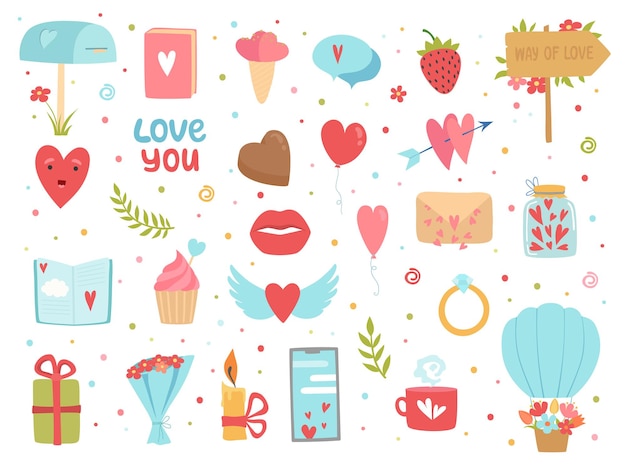 Iconos de amor y amistad. Concepto de vector de flores de corazones de imágenes de romance de comunidad y relación feliz. Amor y amistad, san valentín romántico, romance de felicidad, ilustración de pasión