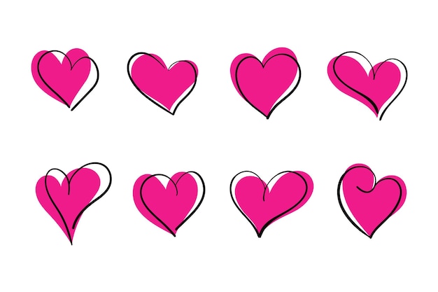 Vector iconos de amor de corazones rosados de doodle vector ilustración dibujada a mano aislada sobre fondo blanco